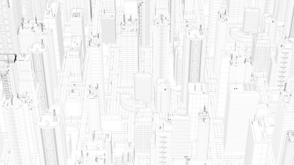 3d render abstract wireframe city fragment.Digital concept with different skyscrappers and small buildings. Perfect for business and corporate presentation.