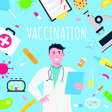 Vaccination banner concept flat style design poster. Male man doctor employee on it arounded with hospital equipment and medicines. Medical awareness flu disease day banner.