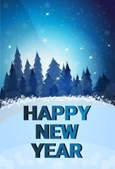 happy new year merry christmas concept winter fir tree forest landscape inscription flat vertical vector illustration