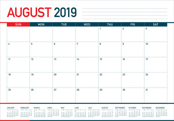 August 2019 desk calendar vector illustration