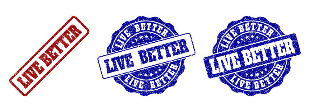 LIVE BETTER Grunge Stamp Seals In Red And Blue Colors. Vector LIVE BETTER Marks With Grunge Surface. Graphic Elements Are Rounded Rectangles, Rosettes, Circles And Text Captions.