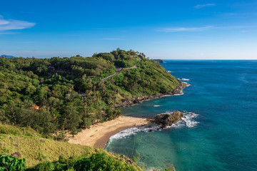 Naklejka premium Promthep Cape, Phuket is one of the most beautiful scenic spots in Phuket, with a wide range of tourists, scenic mountains, sea and blue sky.