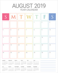 August 2019 desk calendar vector illustration