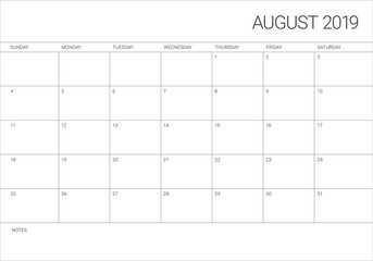 August 2019 desk calendar vector illustration