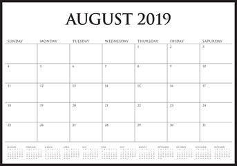 August 2019 desk calendar vector illustration