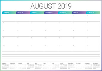 August 2019 desk calendar vector illustration