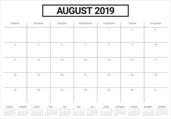August 2019 desk calendar vector illustration