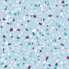 Vector seamless terrazzo pattern. Marble mosaic flooring with natural stones, granite, concrete. Pastel colors, light blue background