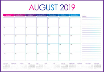 August 2019 desk calendar vector illustration