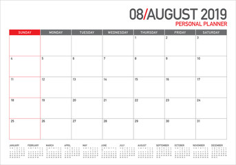 August 2019 desk calendar vector illustration