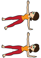 Yoga asana set side plank pose modifications with arm/ Illustration cartoon girl doing vasisthasana arm variations with one leg up