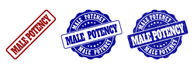 MALE POTENCY scratched stamp seals in red and blue colors. Vector MALE POTENCY labels with grunge style. Graphic elements are rounded rectangles, rosettes, circles and text labels.