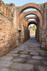 MERIDA, BADAJOZ, SPAIN - NOVEMBER 23, 2018: The Amphitheatre of Mérida is a ruined Roman amphitheatre situated in the Roman colony of Emerita Augusta, present-day Mérida, in Spain.