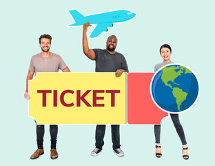 Happy diverse people holding traveling icons