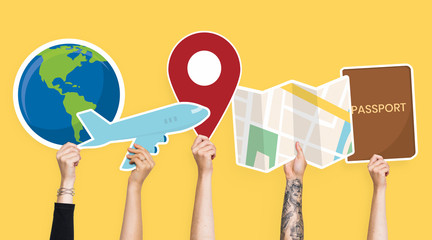 Hands holding travel icons clipart