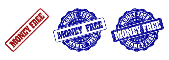 MONEY FREE scratched stamp seals in red and blue colors. Vector MONEY FREE overlays with distress style. Graphic elements are rounded rectangles, rosettes, circles and text labels.