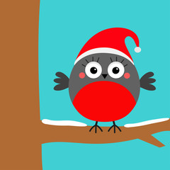 Bullfinch winter red feather bird sitting on tree branch. Santa hat. Cute cartoon baby character. Merry Christmas. New Year. Greeting card. Flat design. Blue background.