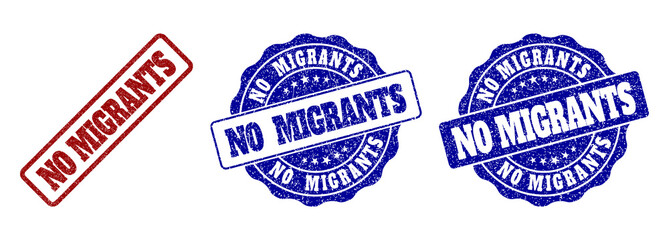 NO MIGRANTS grunge stamp seals in red and blue colors. Vector NO MIGRANTS overlays with grunge effect. Graphic elements are rounded rectangles, rosettes, circles and text labels.