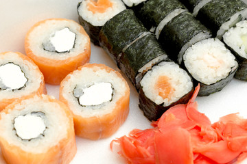 rolls and sushi, Japanese fast food, boxed food, lunch