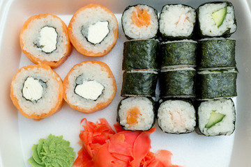 rolls and sushi, Japanese fast food, boxed food, lunch
