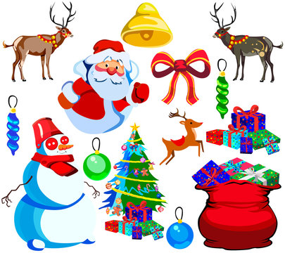 Set for happy Christmas and new year, cartoon icons and illustrations