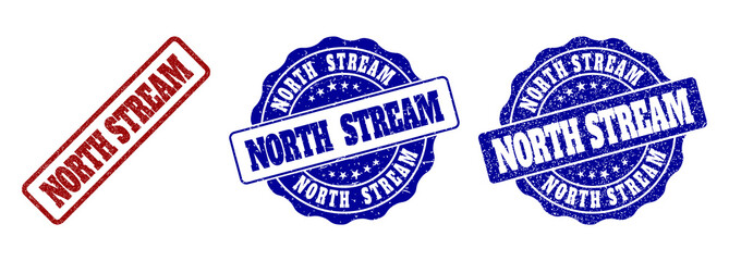 NORTH STREAM grunge stamp seals in red and blue colors. Vector NORTH STREAM labels with grunge effect. Graphic elements are rounded rectangles, rosettes, circles and text titles.