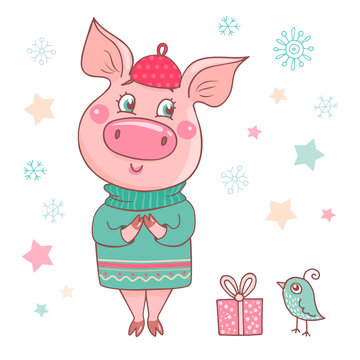 Cute pig fallen in love. Swine dressed in a sweater.