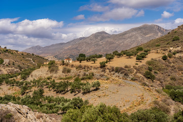 Wide view over the mountain landscape near Preveli beach on the island of Crete, Greece