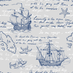 Old caravel, vintage sailboat, sea monster. Vector seamless pattern