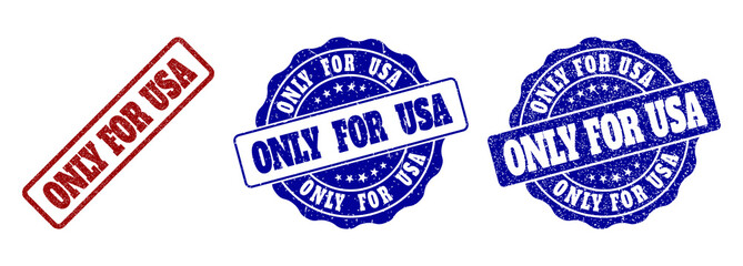 ONLY FOR USA grunge stamp seals in red and blue colors. Vector ONLY FOR USA labels with scratced surface. Graphic elements are rounded rectangles, rosettes, circles and text labels.