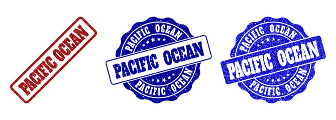 Obraz premium PACIFIC OCEAN grunge stamp seals in red and blue colors. Vector PACIFIC OCEAN signs with grunge style. Graphic elements are rounded rectangles, rosettes, circles and text tags.