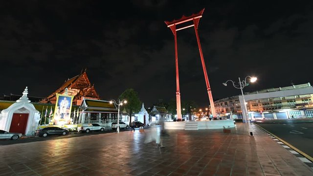 4K Night time lapse shot of The giant swing or Sao Ching Cha landmark in Bangkok