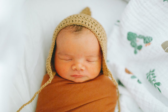 A Newborn Baby Sleeping In A Bassinet