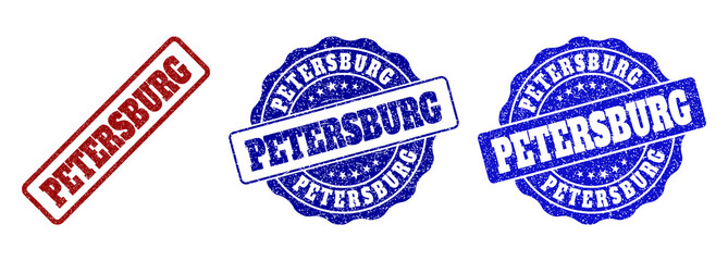 PETERSBURG grunge stamp seals in red and blue colors. Vector PETERSBURG marks with grunge effect. Graphic elements are rounded rectangles, rosettes, circles and text titles.