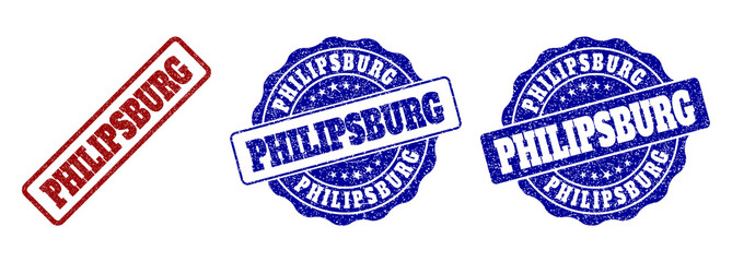 PHILIPSBURG grunge stamp seals in red and blue colors. Vector PHILIPSBURG labels with scratced texture. Graphic elements are rounded rectangles, rosettes, circles and text labels.