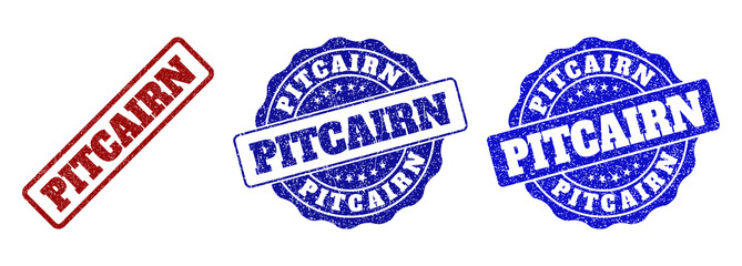 Fototapeta premium PITCAIRN grunge stamp seals in red and blue colors. Vector PITCAIRN labels with draft texture. Graphic elements are rounded rectangles, rosettes, circles and text labels.