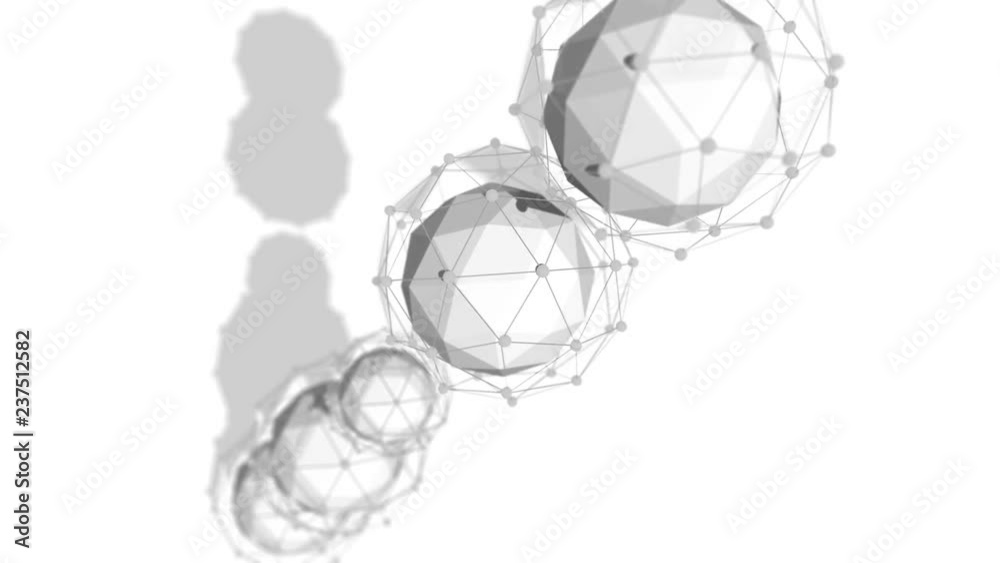 Poster arty 3d rendering of several spheres covered with a network plexus placed in one diagonal line turni