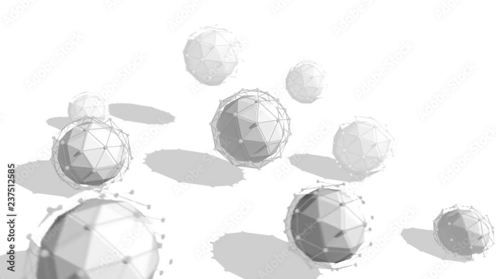 Poster sci-fi 3d rendering of several spheres covered with a network plexus turning around the central one 
