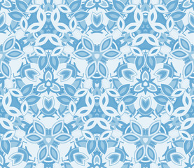 Fototapeta na wymiar Blue kaleidoscope seamless pattern, background. Composed of abstract shapes. Useful as design element for texture and artistic compositions.