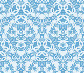 Blue kaleidoscope seamless pattern, background. Composed of abstract shapes. Useful as design element for texture and artistic compositions.
