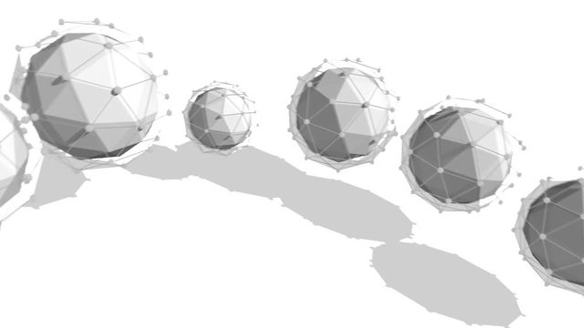Stunning 3d rendering of several spheres covered with a network plexus located in one diagonal line spinning around in the white background in seamless loop. They look optimistic and fine. 