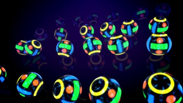 Festive 3d rendering of four rows of sparkling multicolored balls placed on one flat surfeca in the black background in seamless loop. They generate the mood of optimism, celebration and fest.