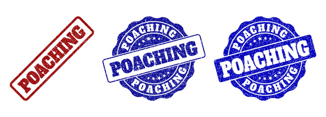 POACHING scratched stamp seals in red and blue colors. Vector POACHING signs with grainy effect. Graphic elements are rounded rectangles, rosettes, circles and text tags.