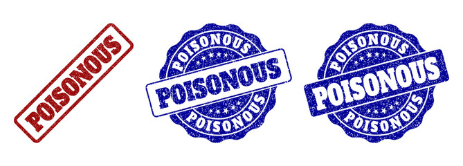 Fototapeta premium POISONOUS grunge stamp seals in red and blue colors. Vector POISONOUS signs with grunge effect. Graphic elements are rounded rectangles, rosettes, circles and text titles.