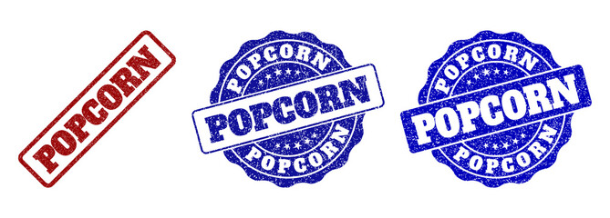 POPCORN grunge stamp seals in red and blue colors. Vector POPCORN watermarks with grunge effect. Graphic elements are rounded rectangles, rosettes, circles and text titles.