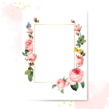 Blank rectangle pink roses frame card on pink and white background vector