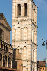 Fototapeta na wymiar Bell tower of San Giorgio's cathedral, Ferrara, Italy