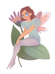 Cute fairy girl with pink wings sitting on flower leaves. Hand drawn colored illustration