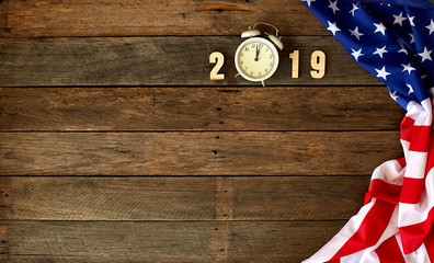Fototapeta na wymiar New Year flag America on wooden