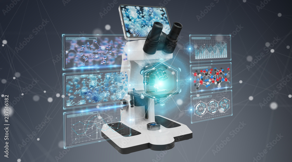Aufkleber Modern digital microscope with screen analysis 3D rendering